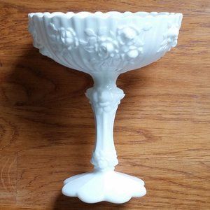 FENTON VINTAGE PEDESTAL MILK GLASS CABBAGE ROSE COMPOTE